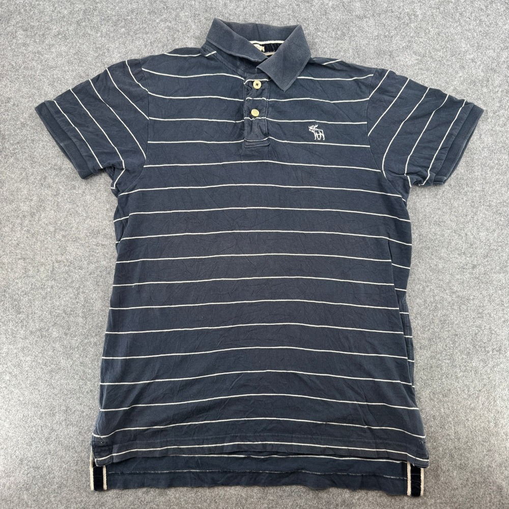 Abercrombie & Fitch Y2K Polo Shirt Mens L Muscle Navy Blue Striped Logo EUC